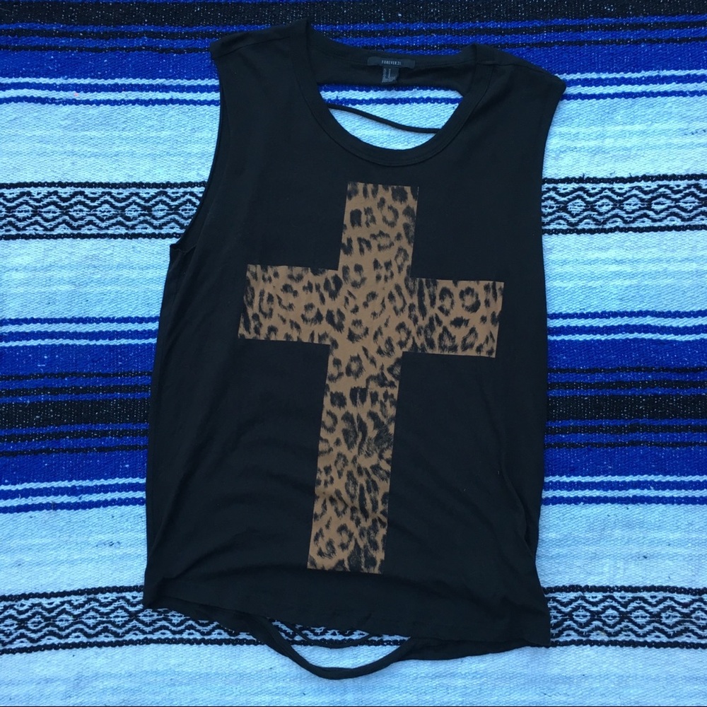Black ripped back tank with cheetah-print cross M